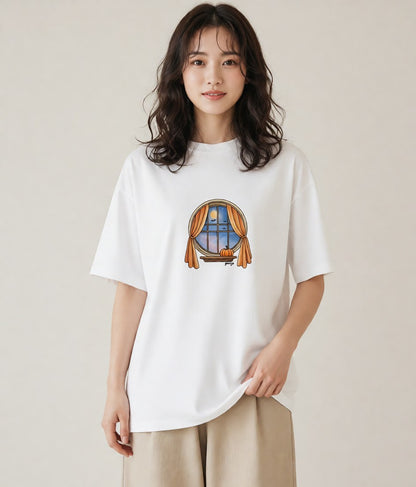 プリントTシャツ レディース 灯りの家 小屋 夜 ナチュラル アンティーク イラスト 休日コーデ クリスマス 旅行 白T