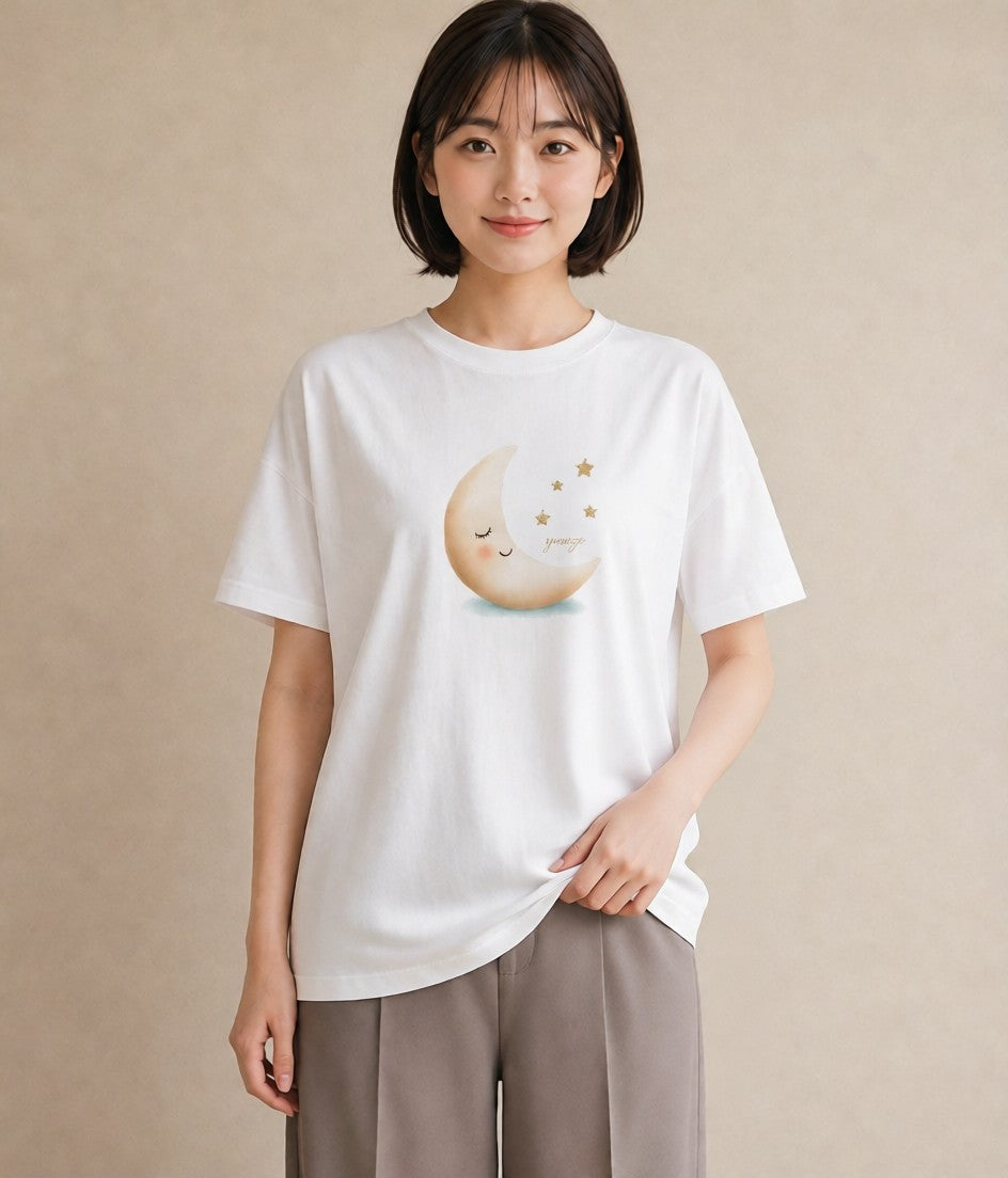 半袖Tシャツ レディース 三日月 星空 宇宙 イラスト モード 夏コーデ 通学 白T