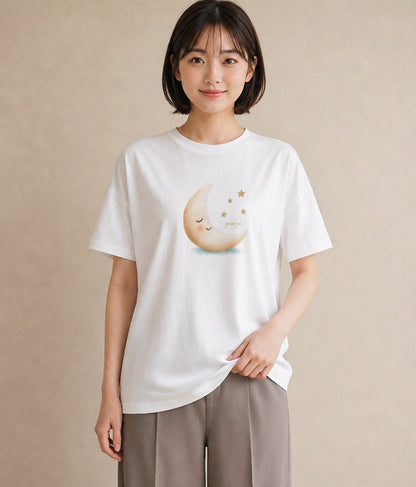 半袖Tシャツ レディース 三日月 星空 宇宙 イラスト モード 夏コーデ 通学 白T