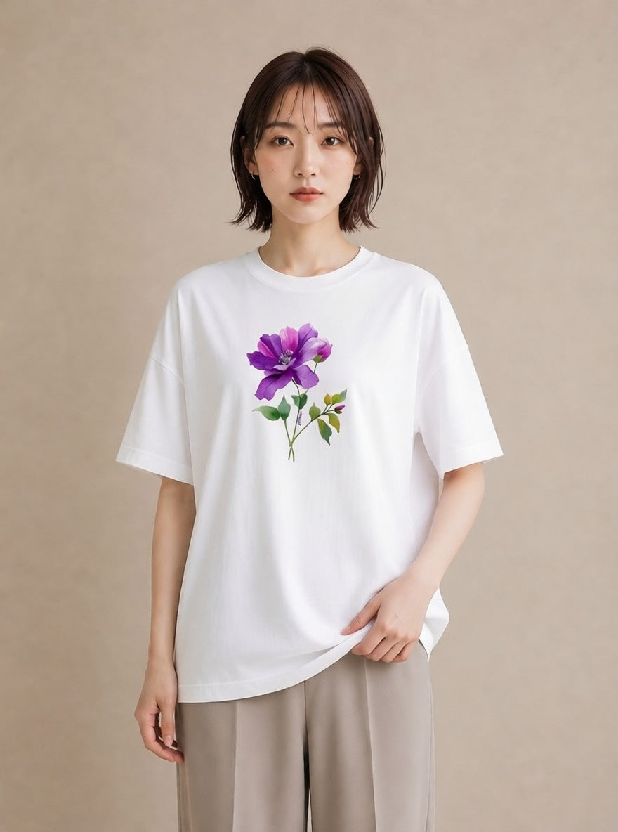 Tシャツ レディース パンジー 花 花柄 イラスト きれいめカジュアル 休日 ペアコーデ 白T