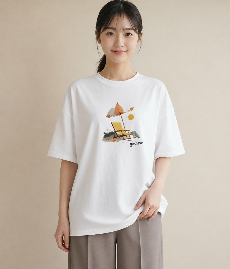 Tシャツ レディース 海 リゾート 夏 イラスト ラフカジュアル お出かけ 普段着 白T