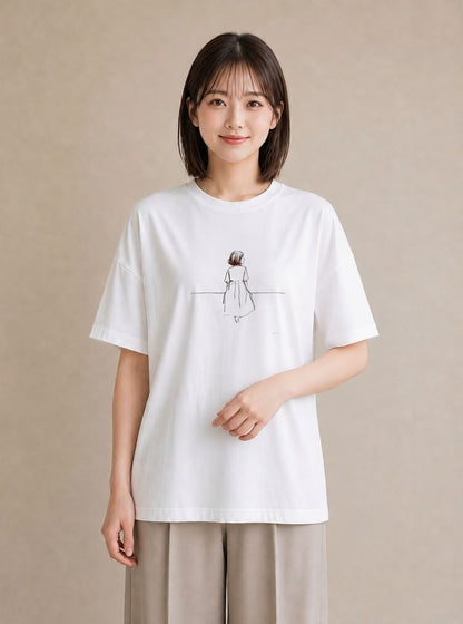 デザインTシャツ レディース 女の子 ガール 後ろ姿 イラスト 個性的 散歩 お出かけ 白T