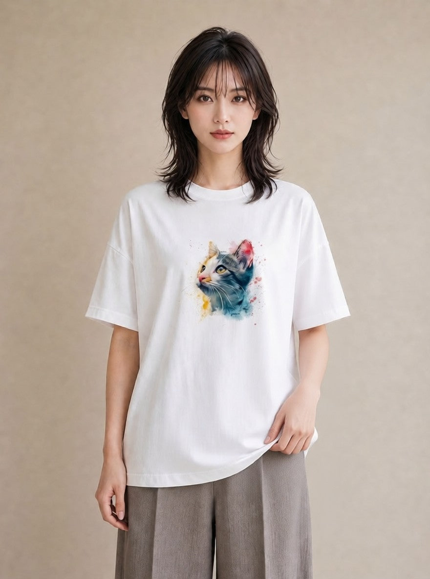 Tシャツ レディース ぶち猫 猫 ねこ イラスト 水彩風 お揃い 親子 白T