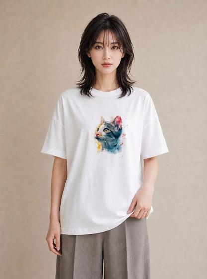 Tシャツ レディース ぶち猫 猫 ねこ イラスト 水彩風 お揃い 親子 白T