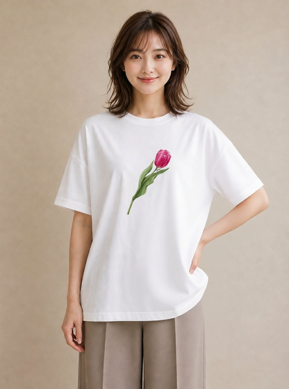 プリントTシャツ レディース チューリップ 花 花柄 イラスト 手描き風 カフェ服 クリスマス 白T