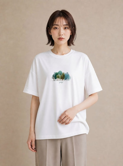 Tシャツ レディース 青の水彩 風景 ブルー ナチュラル アンティーク イラスト アート風 誕生日プレゼント 綿100 白T