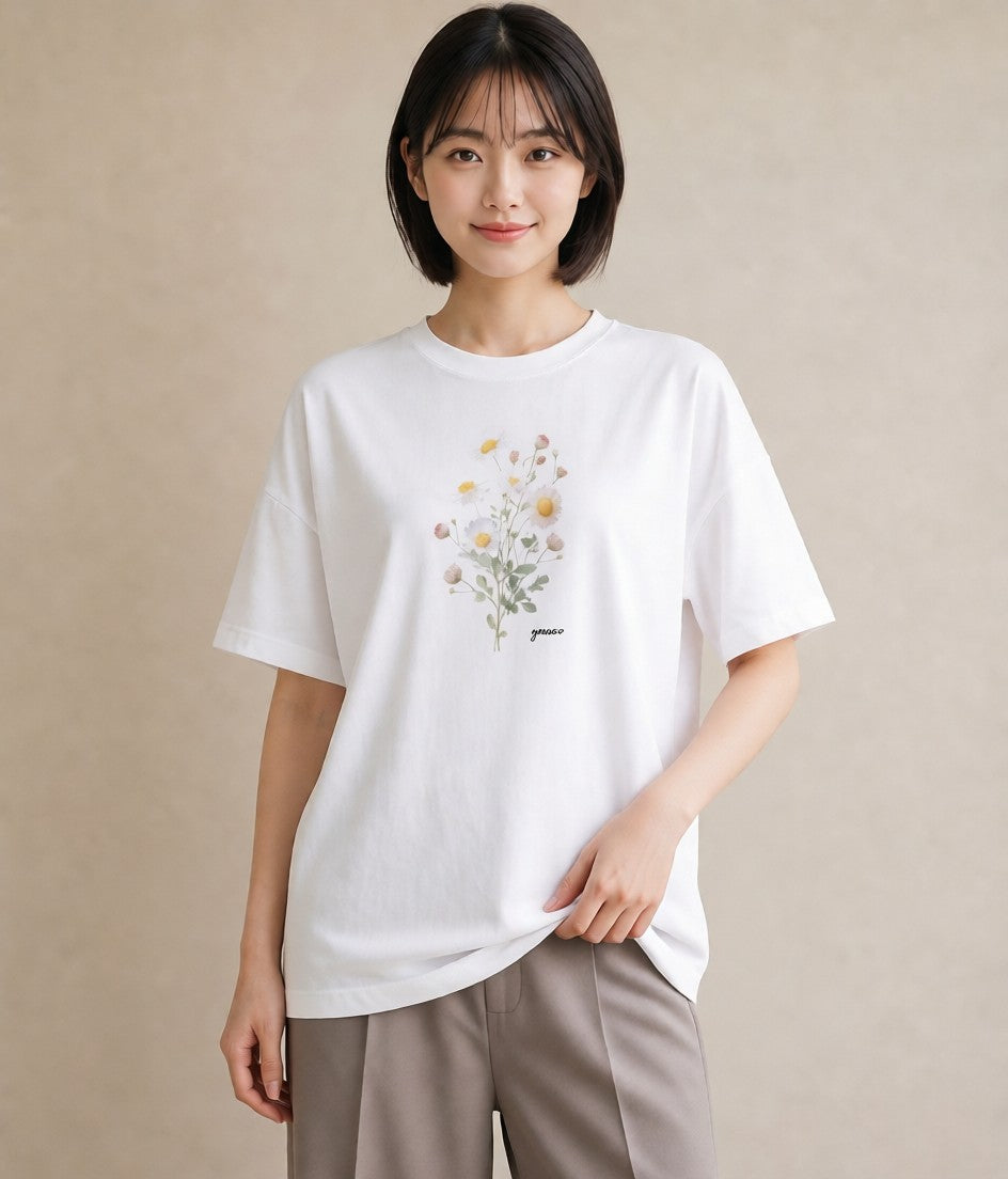 半袖Tシャツ レディース デイジー 花 花柄 イラスト ヴィンテージ風 部屋着 女性向けギフト 白T