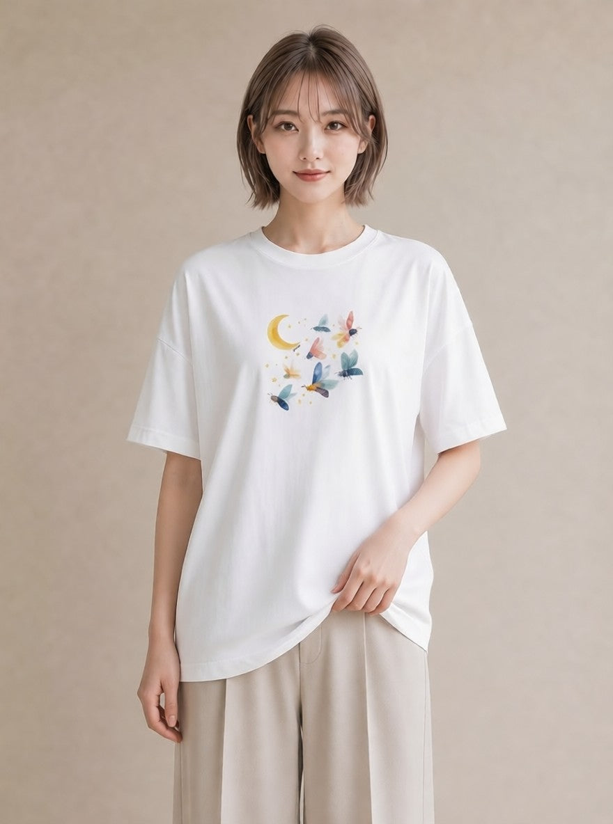 半袖Tシャツ レディース 月 星空 宇宙 イラスト お洒落 ホワイトデー 春服 白T