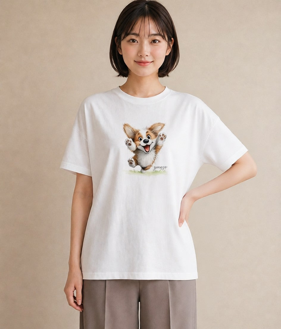 デザインTシャツ レディース ウェルシュコーギー コーギー 犬 いぬ イラスト お洒落 ペアコーデ 秋コーデ 白T