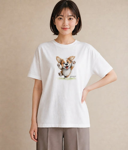 デザインTシャツ レディース ウェルシュコーギー コーギー 犬 いぬ イラスト お洒落 ペアコーデ 秋コーデ 白T