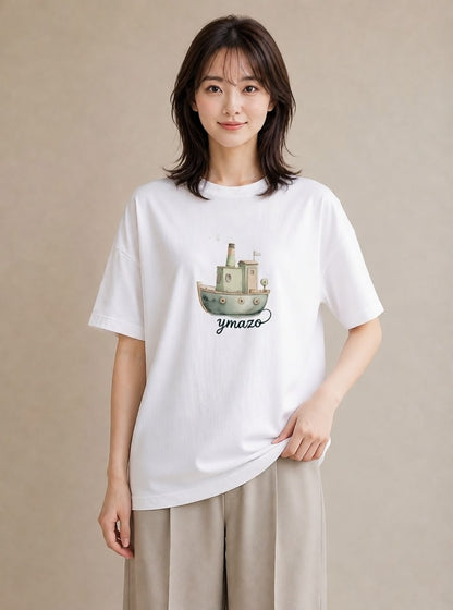 デザインTシャツ レディース 紙の船 水辺 ナチュラル アンティーク イラスト 淡色 母の日 ビーチ 白T