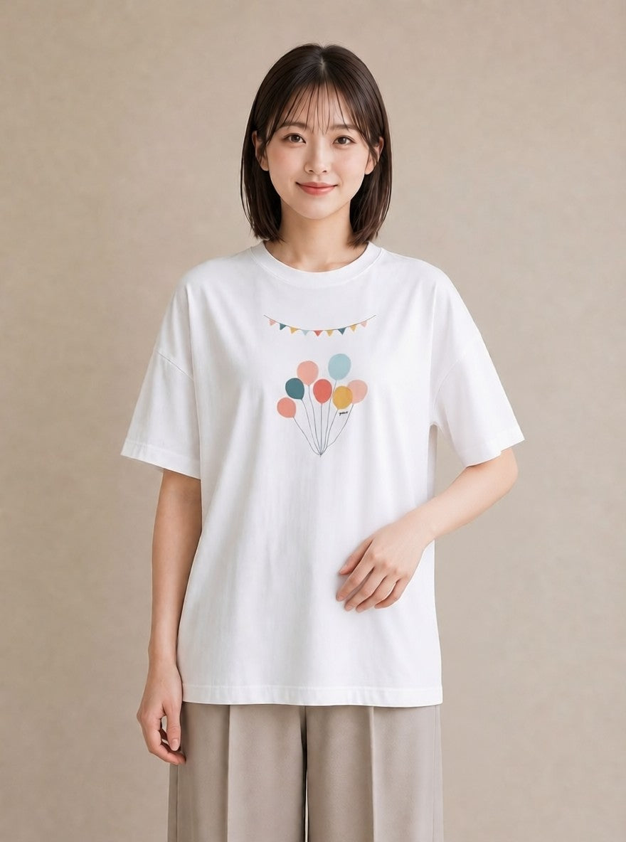 プリントTシャツ レディース 紙風船 和紙 ナチュラル アンティーク イラスト レトロ 自分用 ルームウェア 白T