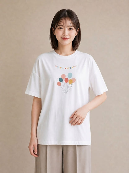 プリントTシャツ レディース 紙風船 和紙 ナチュラル アンティーク イラスト レトロ 自分用 ルームウェア 白T