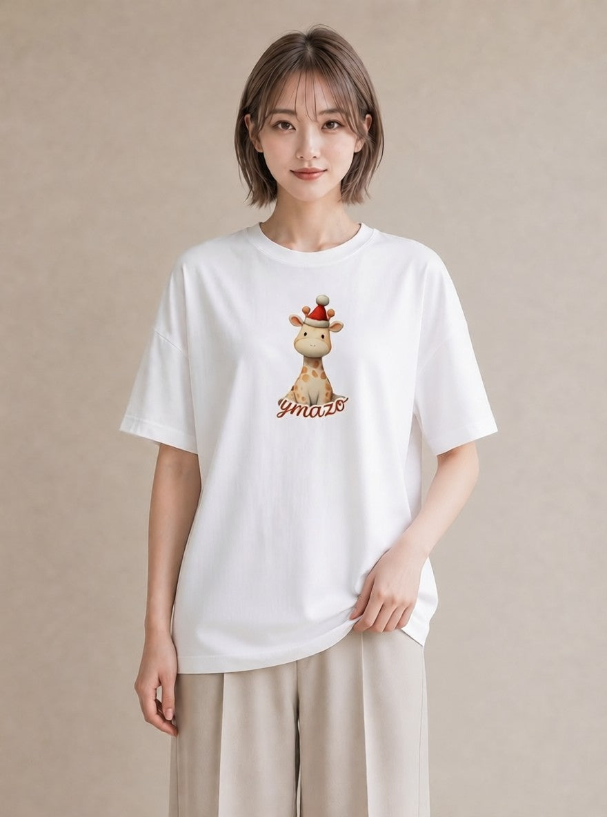 半袖Tシャツ レディース きりん 動物 アニマル イラスト 公園 ママ 白T