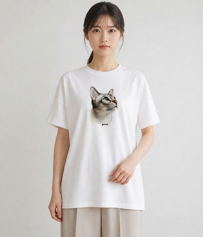 グラフィックTシャツ レディース ブリティッシュショートヘア 猫 ねこ イラスト フェミニン 海 カフェ巡り 白T