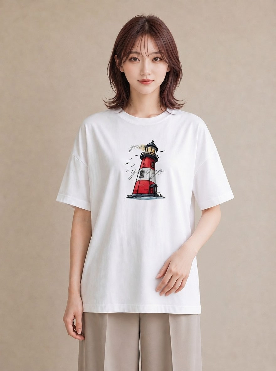 デザインTシャツ レディース 灯台 霧 海 ナチュラル アンティーク イラスト 手描き風 ホワイトデー 春服 白T