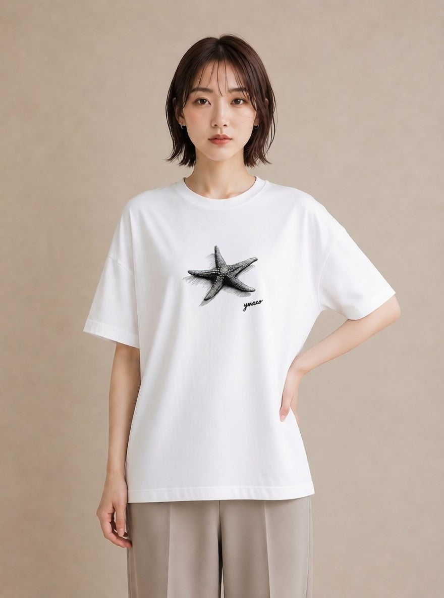 Tシャツ レディース ヒトデ 海の生き物 海 イラスト ラフカジュアル 公園 ママ 白T