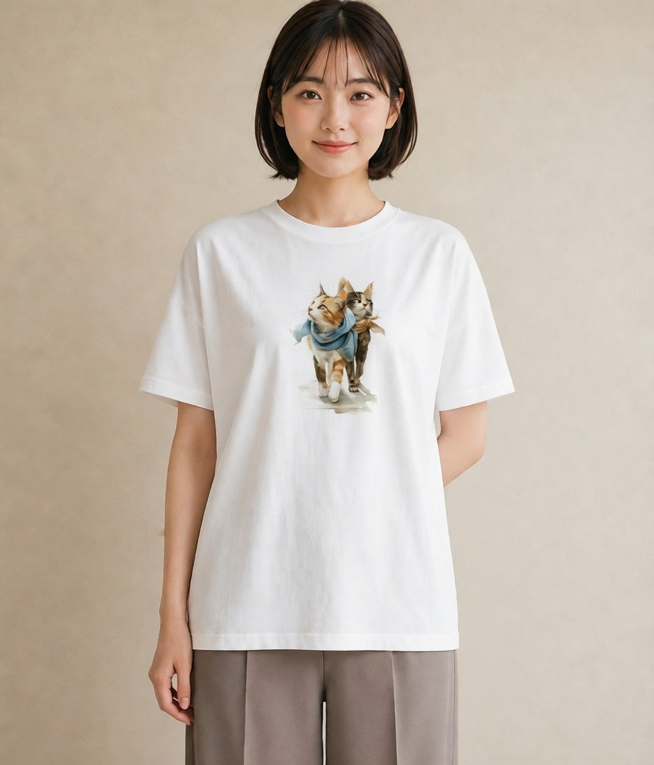 プリントTシャツ レディース ソマリ 猫 ねこ イラスト アート風 カフェ服 クリスマス 白T