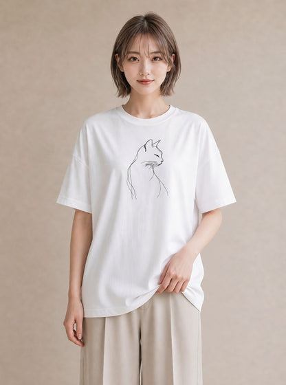 半袖Tシャツ レディース 猫 ねこ ネコ イラスト 淡色 社会人 女性 白T