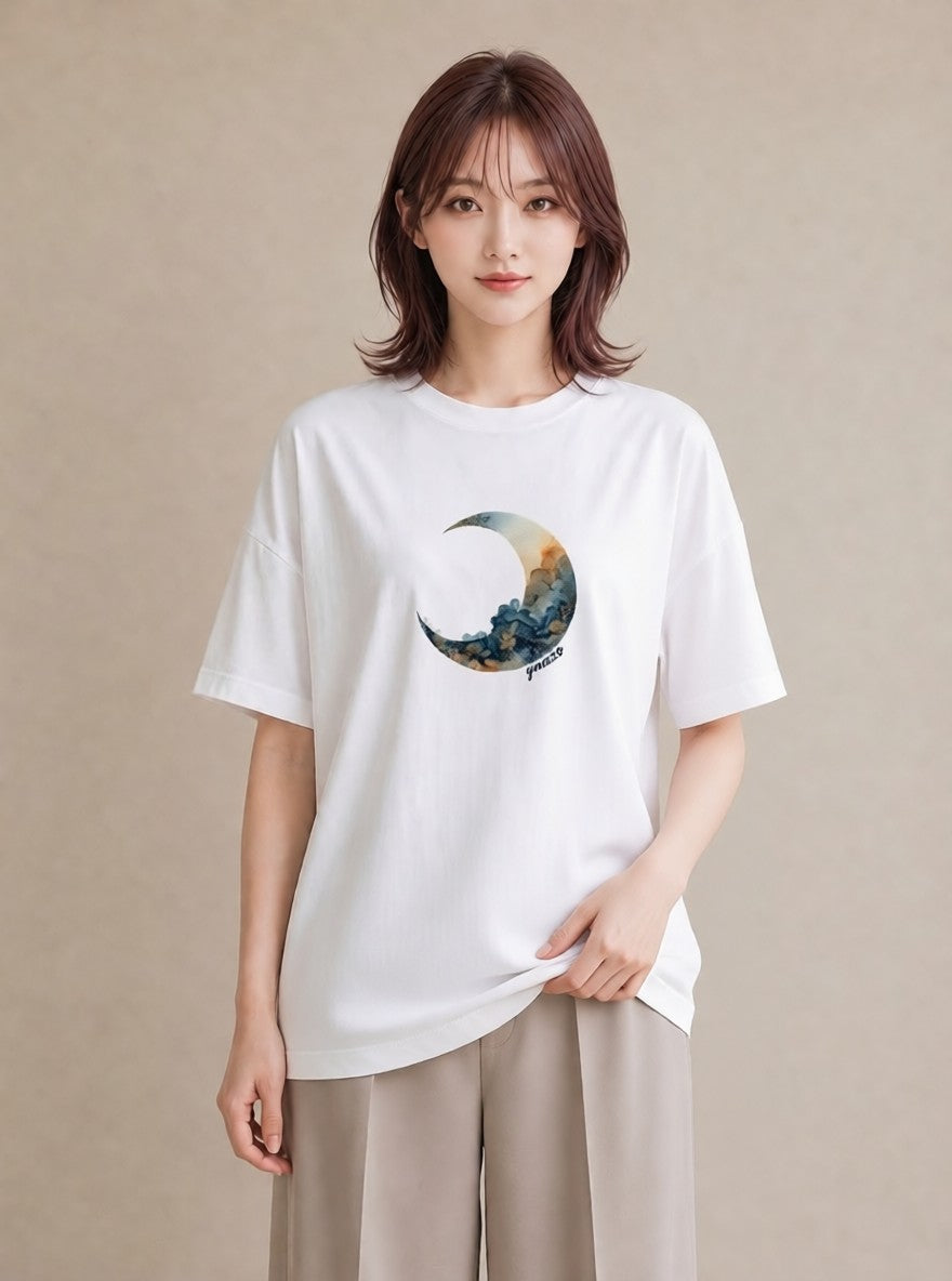 グラフィックTシャツ レディース 青の水彩 風景 ブルー ナチュラル アンティーク イラスト ゆるコーデ 自分用 ルームウェア 白T