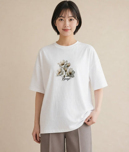 グラフィックTシャツ レディース 椿 花 花柄 イラスト ニュアンス ラフ レイヤード 白T