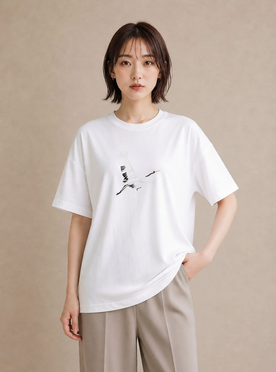 グラフィックTシャツ レディース 折り鶴 折り紙 ナチュラル アンティーク イラスト 個性的 ラフ レイヤード 白T