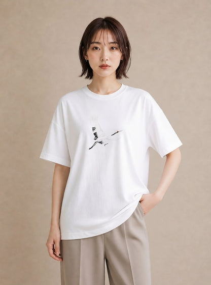 グラフィックTシャツ レディース 折り鶴 折り紙 ナチュラル アンティーク イラスト 個性的 ラフ レイヤード 白T