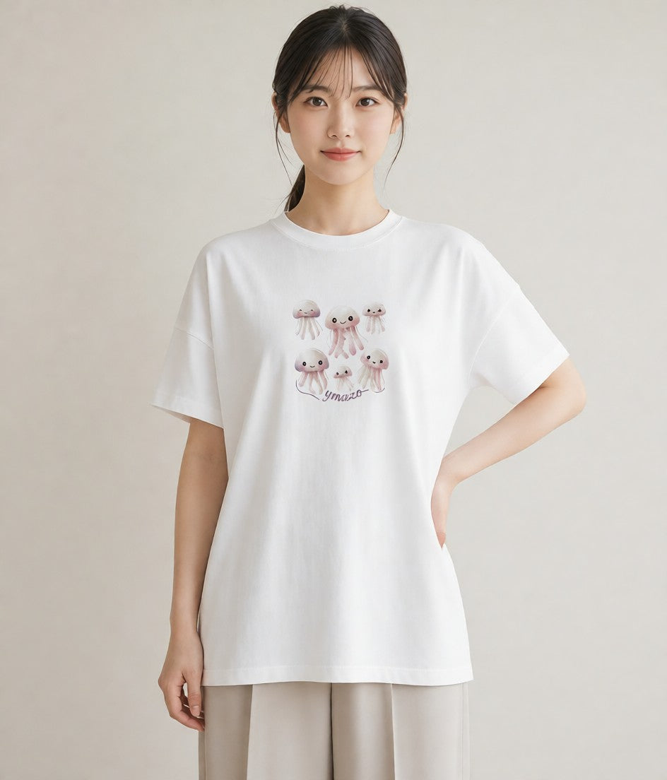 Tシャツ レディース くらげ クラゲ 海の生き物 海 イラスト きれいめカジュアル 公園 ママ 白T