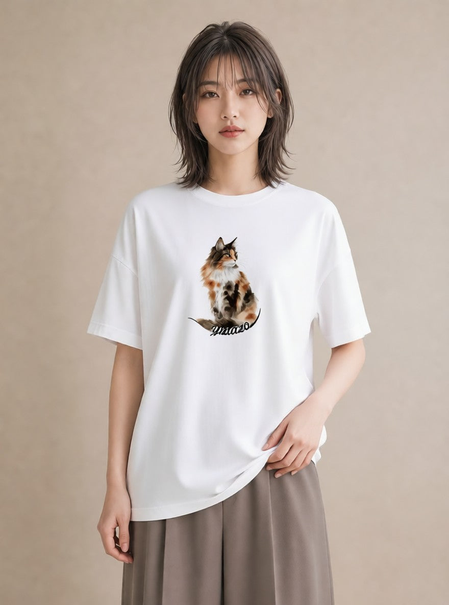 Tシャツ レディース しっぽ 猫 ねこ イラスト 線画 お出かけ 普段着 白T