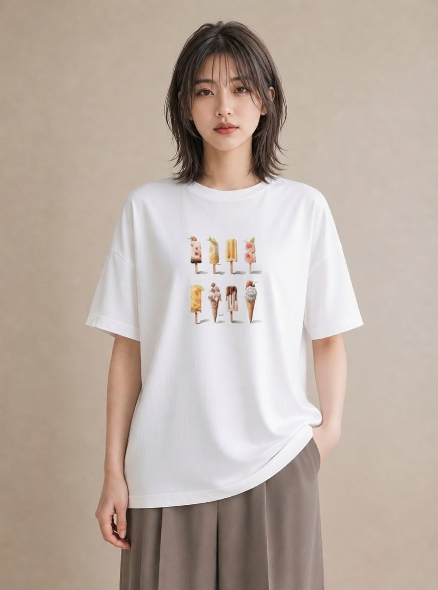 半袖Tシャツ レディース アイス 食べ物 フード イラスト ゆるコーデ ママ カフェ服 白T