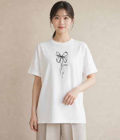 デザインTシャツ レディース リボン 蝶結び ナチュラル アンティーク イラスト ラフカジュアル 旅行用 海 白T