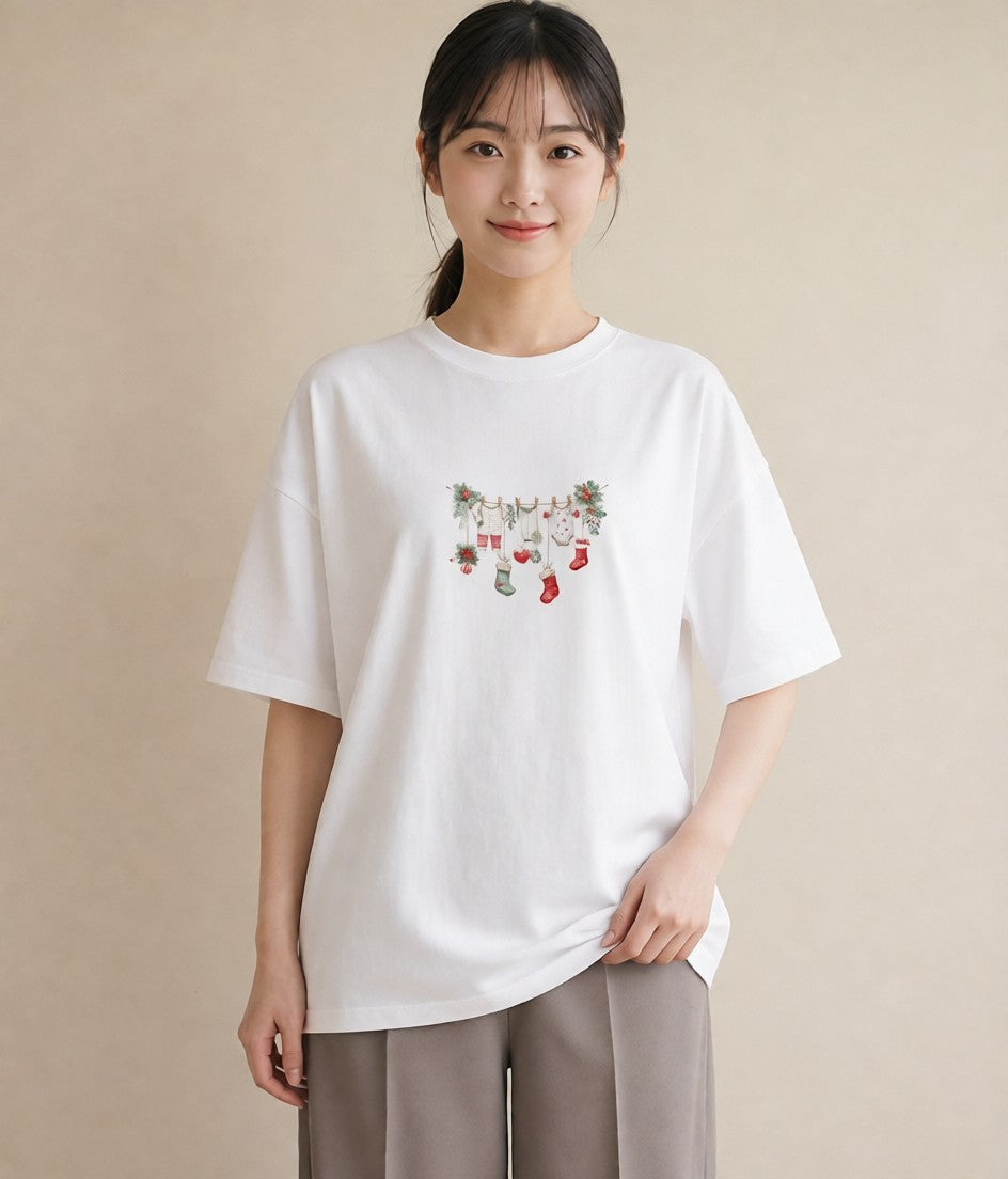 Tシャツ レディース 洗濯物 風 ナチュラル アンティーク イラスト ガーリー 買い物 夏コーデ 白T