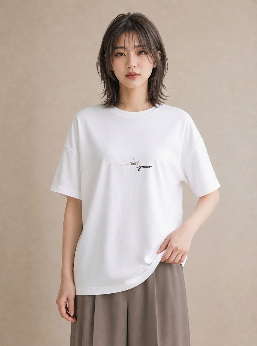 グラフィックTシャツ レディース 桟橋 水辺 波止場 ナチュラル アンティーク イラスト ポップ カジュアルコーデ 買い物 白T