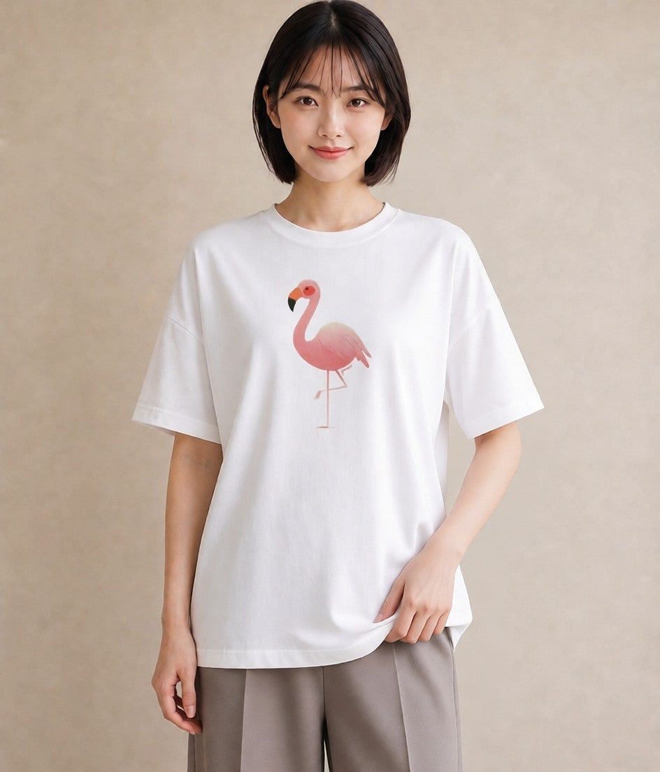 グラフィックTシャツ レディース フラミンゴ 動物 アニマル イラスト ヴィンテージ風 ホワイトデー 春服 白T
