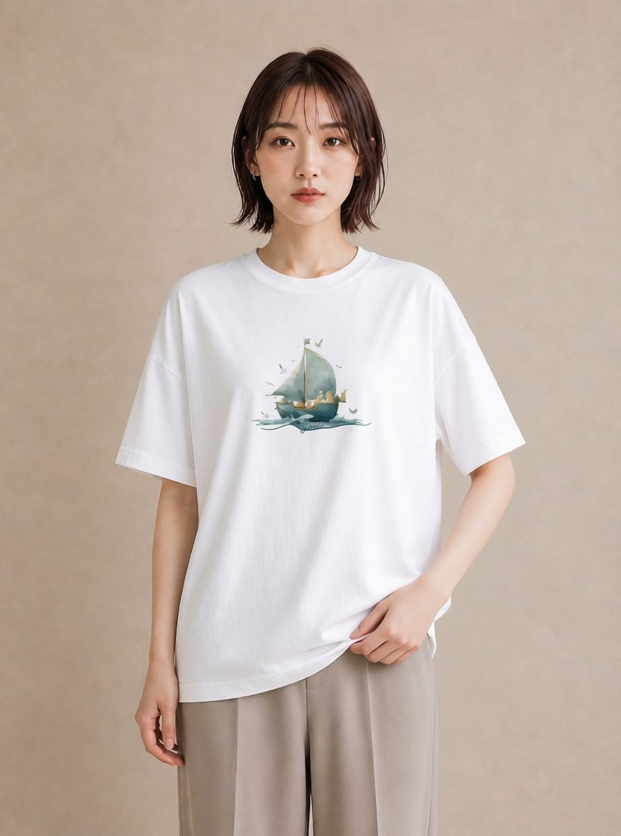 半袖Tシャツ レディース 紙の船 水辺 ナチュラル アンティーク イラスト 旅行コーデ 誕生日プレゼント 綿100 白T