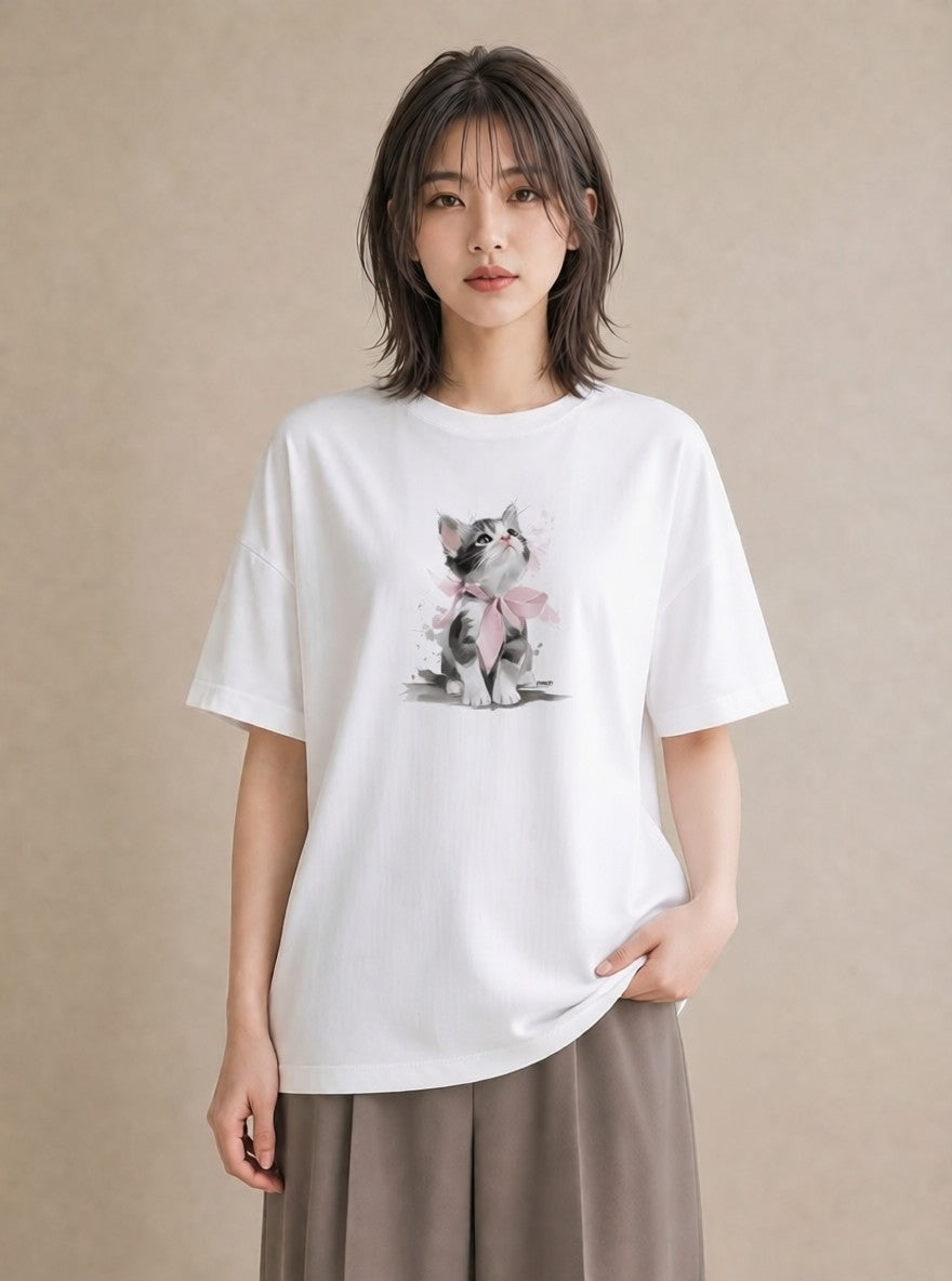 プリントTシャツ レディース 猫 ねこ イラスト 上品 秋コーデ おしゃれギフト 白T