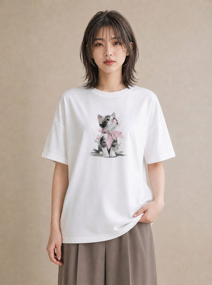 プリントTシャツ レディース 猫 ねこ イラスト 上品 秋コーデ おしゃれギフト 白T