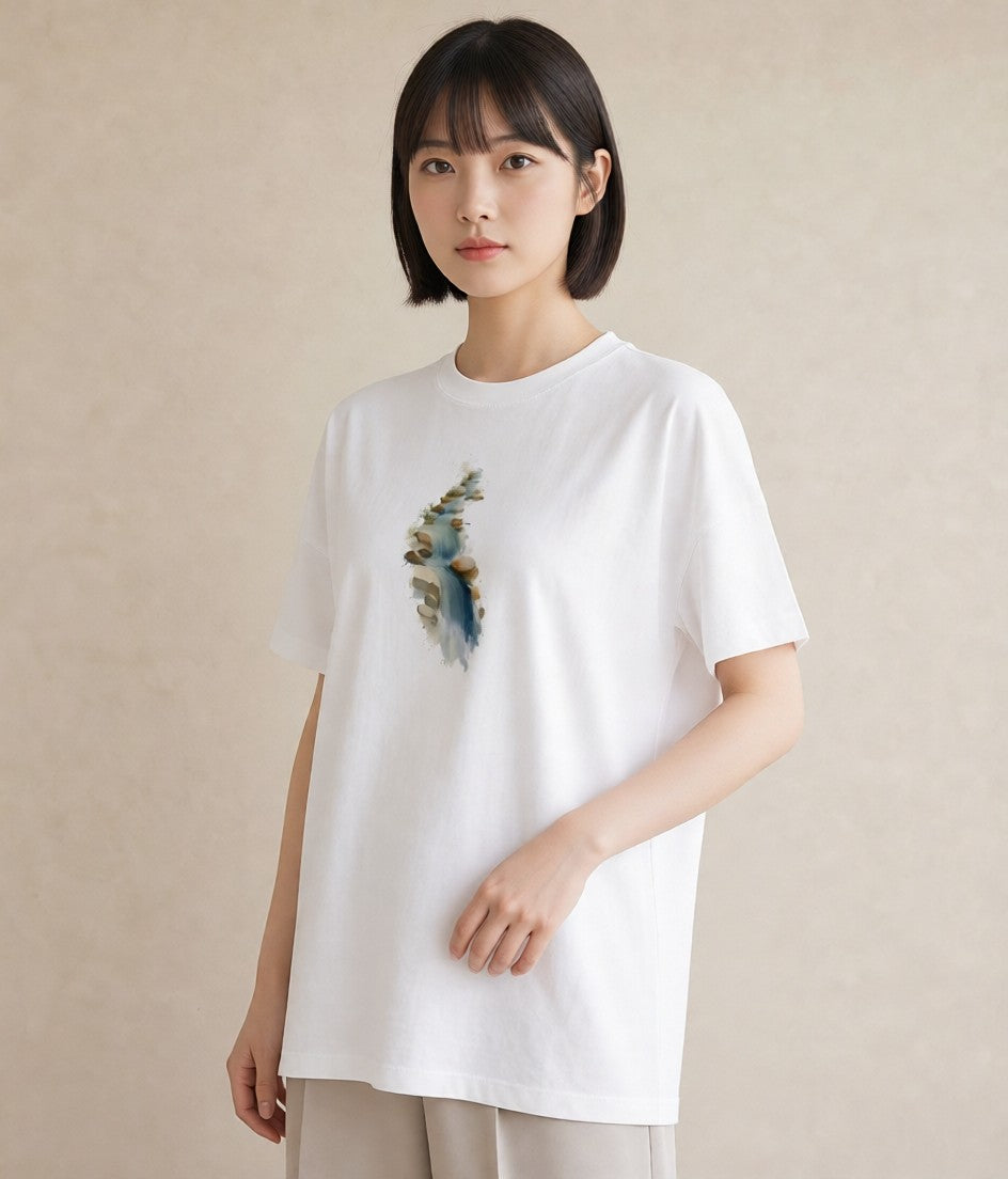 グラフィックTシャツ レディース 小川 橋 せせらぎ ナチュラル アンティーク イラスト アート風 在宅 公園 白T