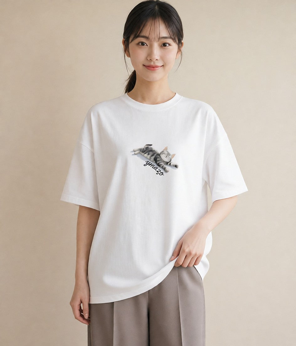 半袖Tシャツ レディース スコティッシュフォールド 猫 ねこ イラスト ガーリー 在宅 公園 白T