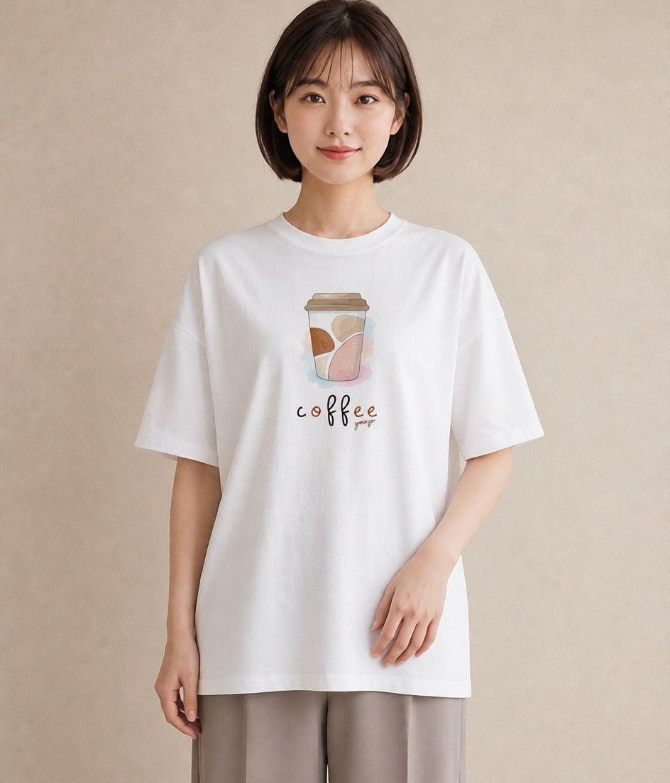 グラフィックTシャツ レディース コーヒー カフェ 珈琲 イラスト ニュアンス 散歩 お出かけ 白T