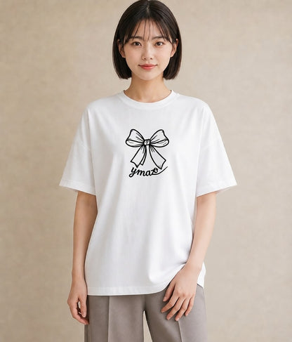 半袖Tシャツ レディース リボン ボウ りぼん イラスト 旅行コーデ ルームウェア ギフト 白T