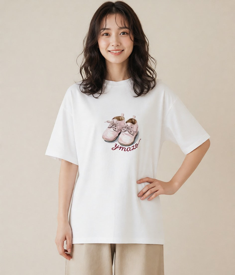 プリントTシャツ レディース バレエシューズ バレエ トウシューズ ナチュラル アンティーク イラスト ゆるコーデ 帰省 ラフ 白T