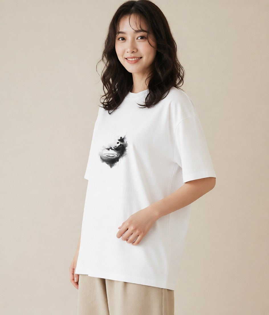 デザインTシャツ レディース 青の水彩 風景 ブルー ナチュラル アンティーク イラスト 海 カフェ巡り 白T