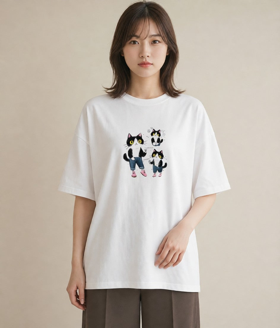 Tシャツ レディース ハチワレ 白黒猫 猫 ねこ イラスト ゆるかわ ビーチ デイリーウェア 白T