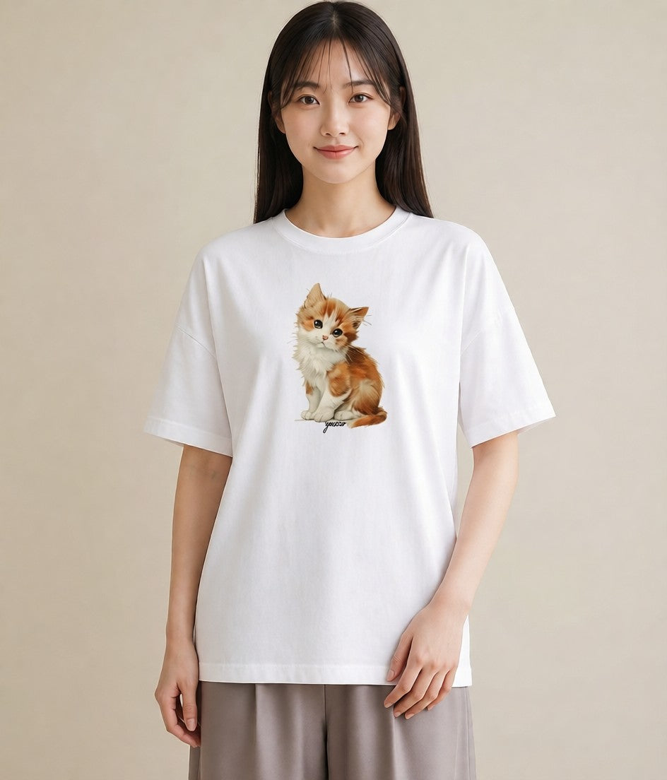 半袖Tシャツ レディース 茶トラ 茶猫 猫 ねこ イラスト モード 普段着 週末コーデ 白T