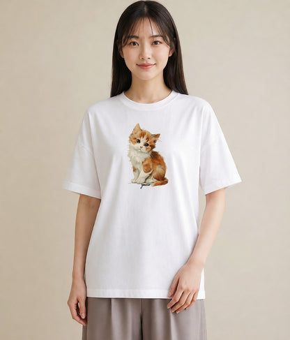 半袖Tシャツ レディース 茶トラ 茶猫 猫 ねこ イラスト モード 普段着 週末コーデ 白T