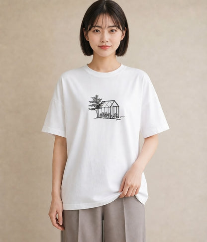 グラフィックTシャツ レディース 灯りの家 小屋 夜 ナチュラル アンティーク イラスト 水彩風 散歩 お出かけ 白T