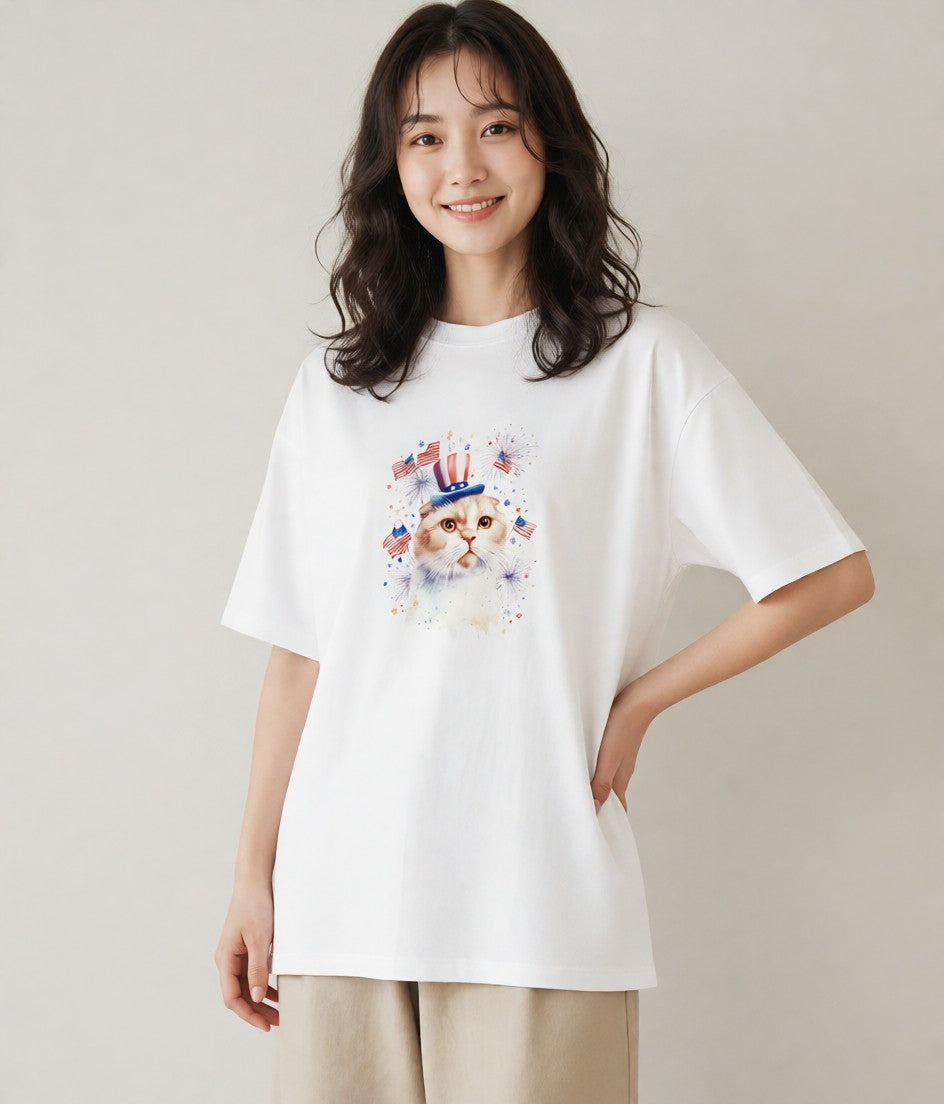 半袖Tシャツ レディース エキゾチックショートヘア 猫 ねこ イラスト レトロ 散歩 お出かけ 白T