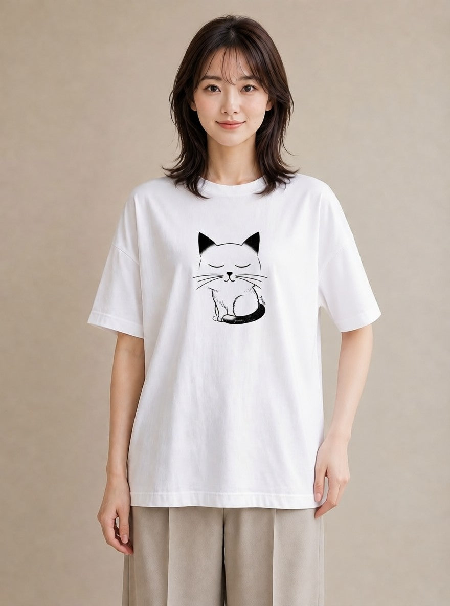 デザインTシャツ レディース 猫 ねこ ネコ イラスト デイリーウェア 休日 白T
