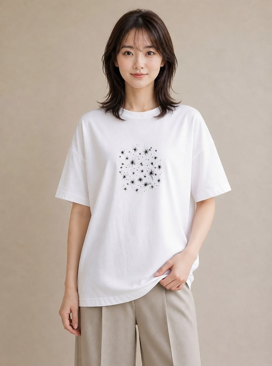 プリントTシャツ レディース 月と星 星空 ムーン イラスト 淡色 デート 帰省 白T